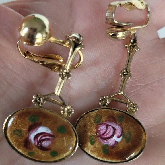 Art Noveau Cloissone Floral Dangle Drop Earrings Gold Tone - Picture 3 of 10